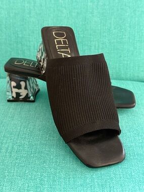 Deltan Black Ribbed Slide Mules with Patterned Block Heel
